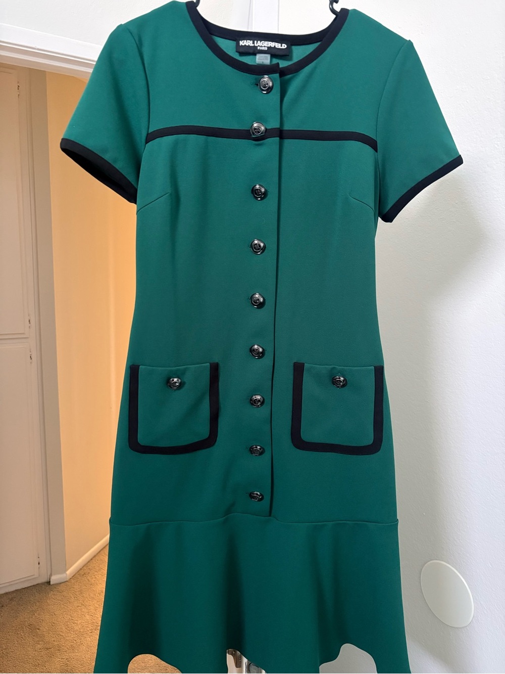 Karl Lagerfeld Emerald Green Short-Sleeve Ponte Dress with Black Trim - Picture 3 of 6